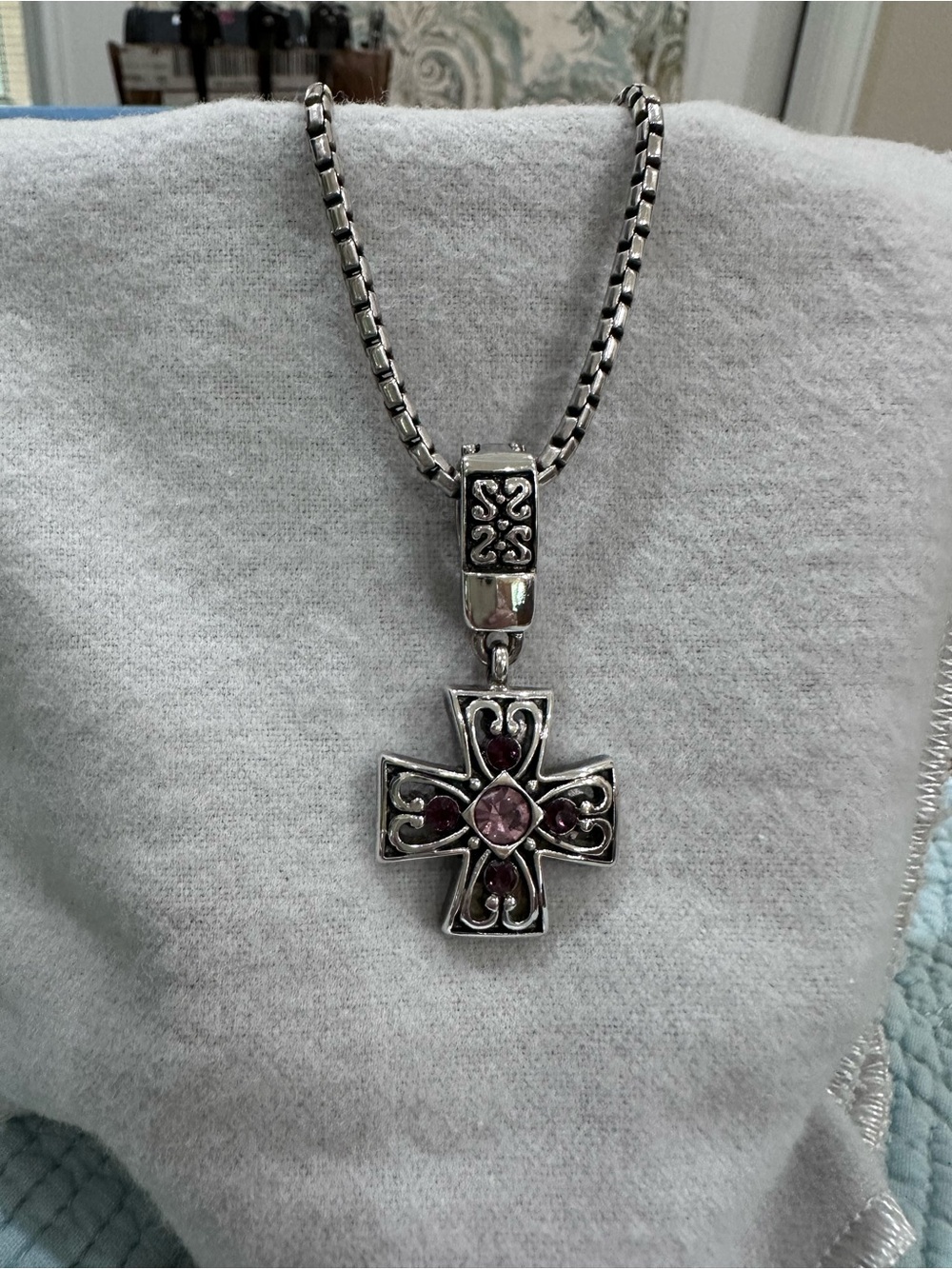 Silver 20” Cross Pendant Necklace with pink stones